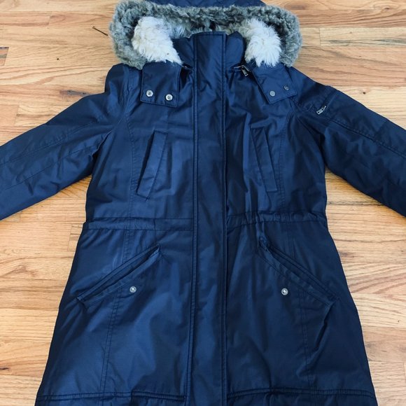 Banana Republic Womens Down Jacket Water Resistant Hood Shearling, Navy, Small - Picture 6 of 11